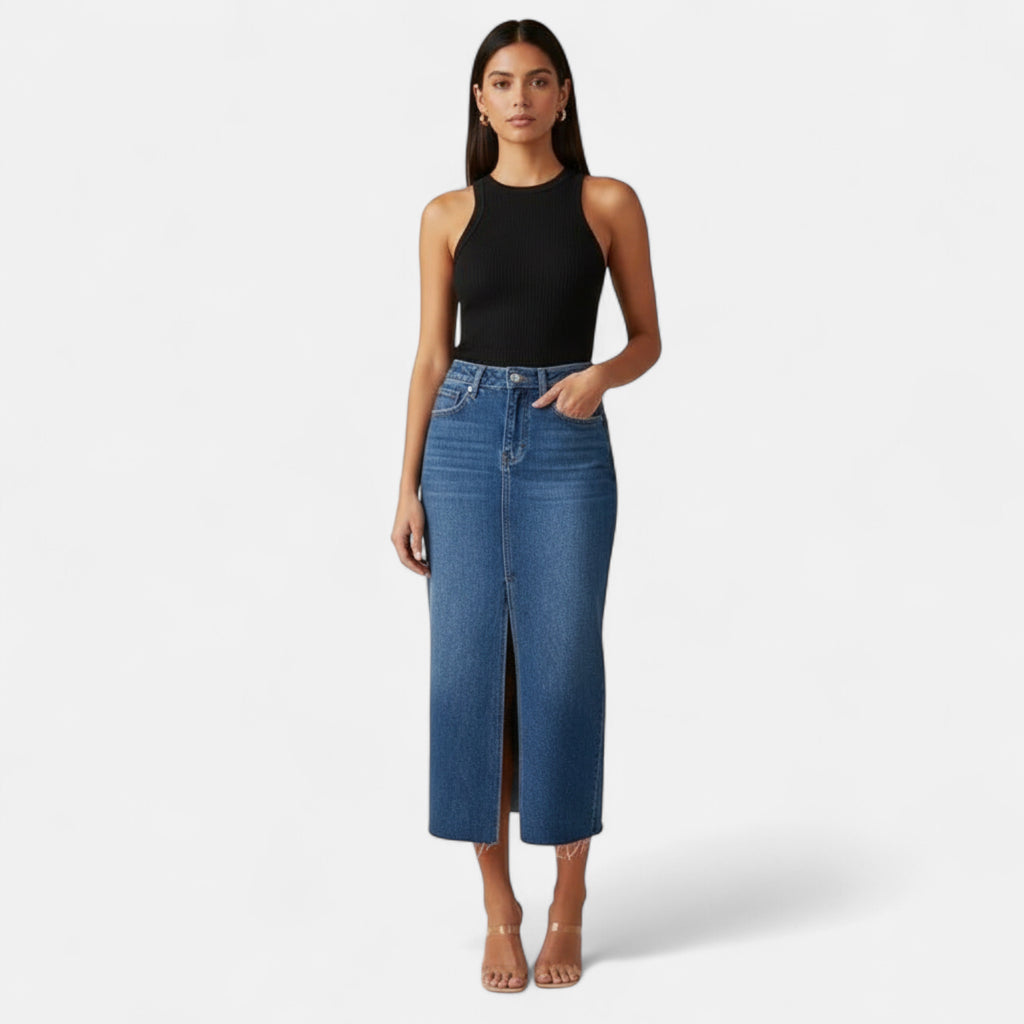 Jupe en jean mi longue taille haute