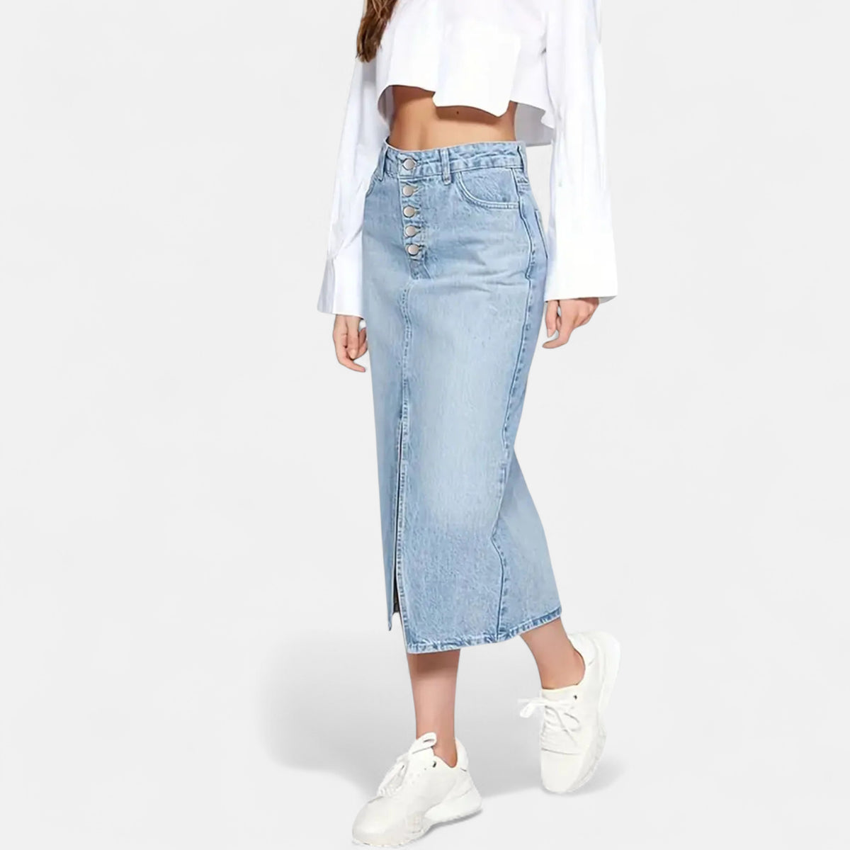 Jupe jean midi boutonnée devant