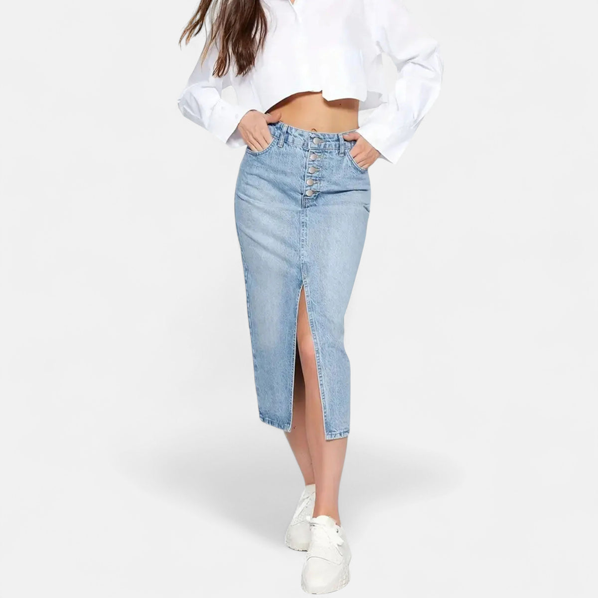 Jupe jean midi boutonnée devant
