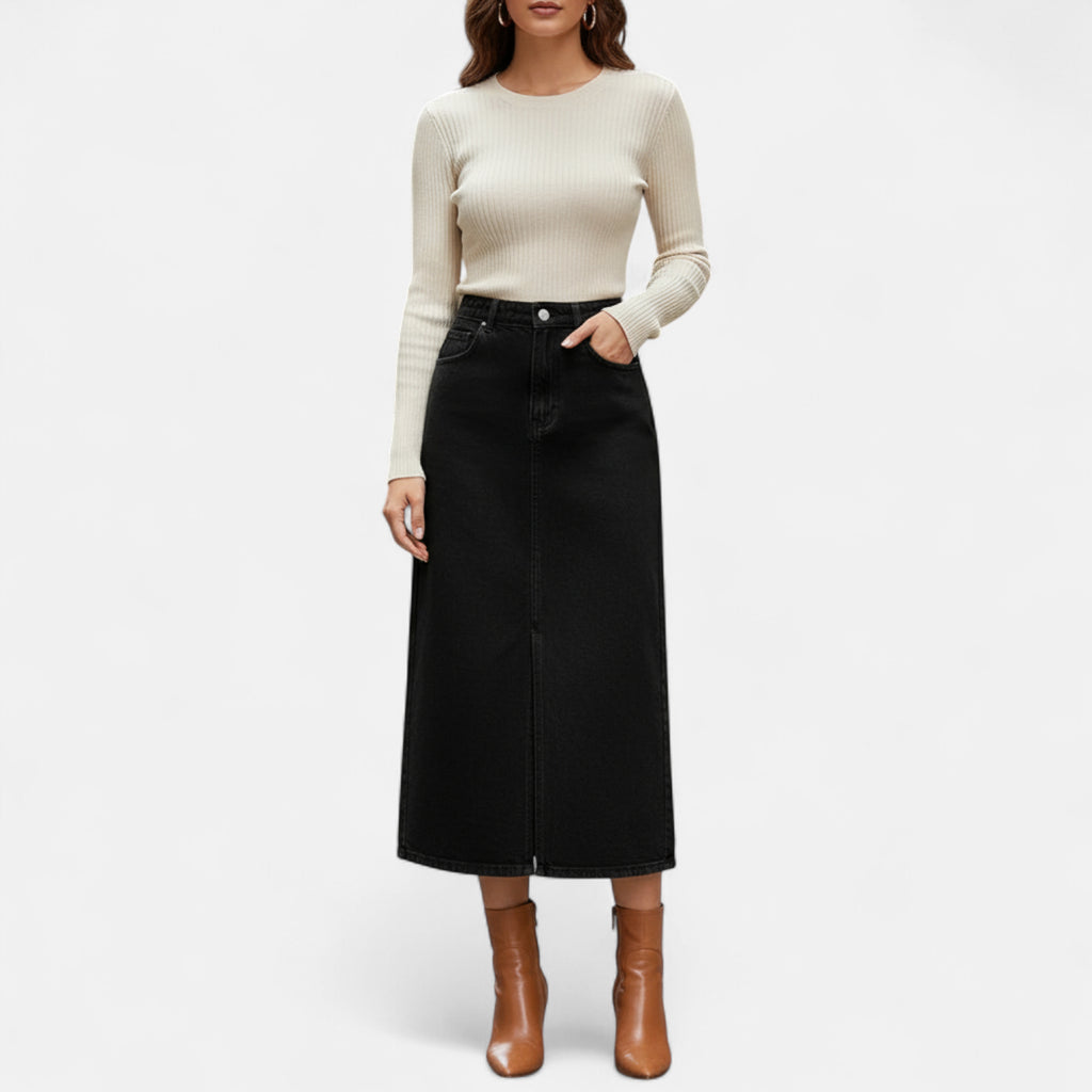 Jupe mi longue en jean noir fendue devant