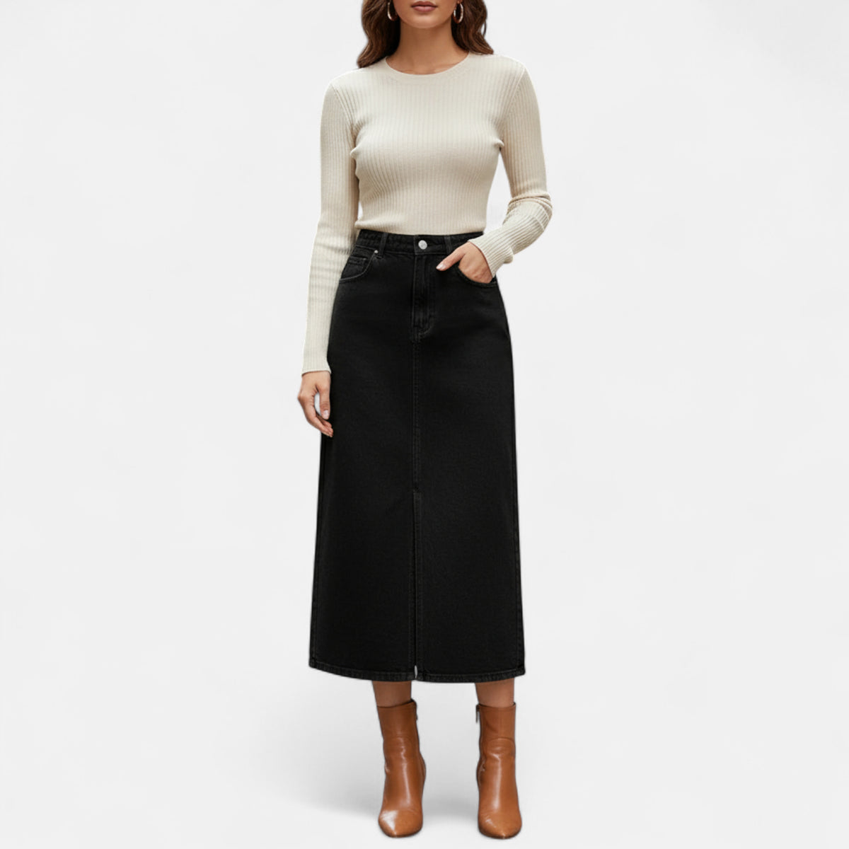 Jupe mi longue en jean noir fendue devant