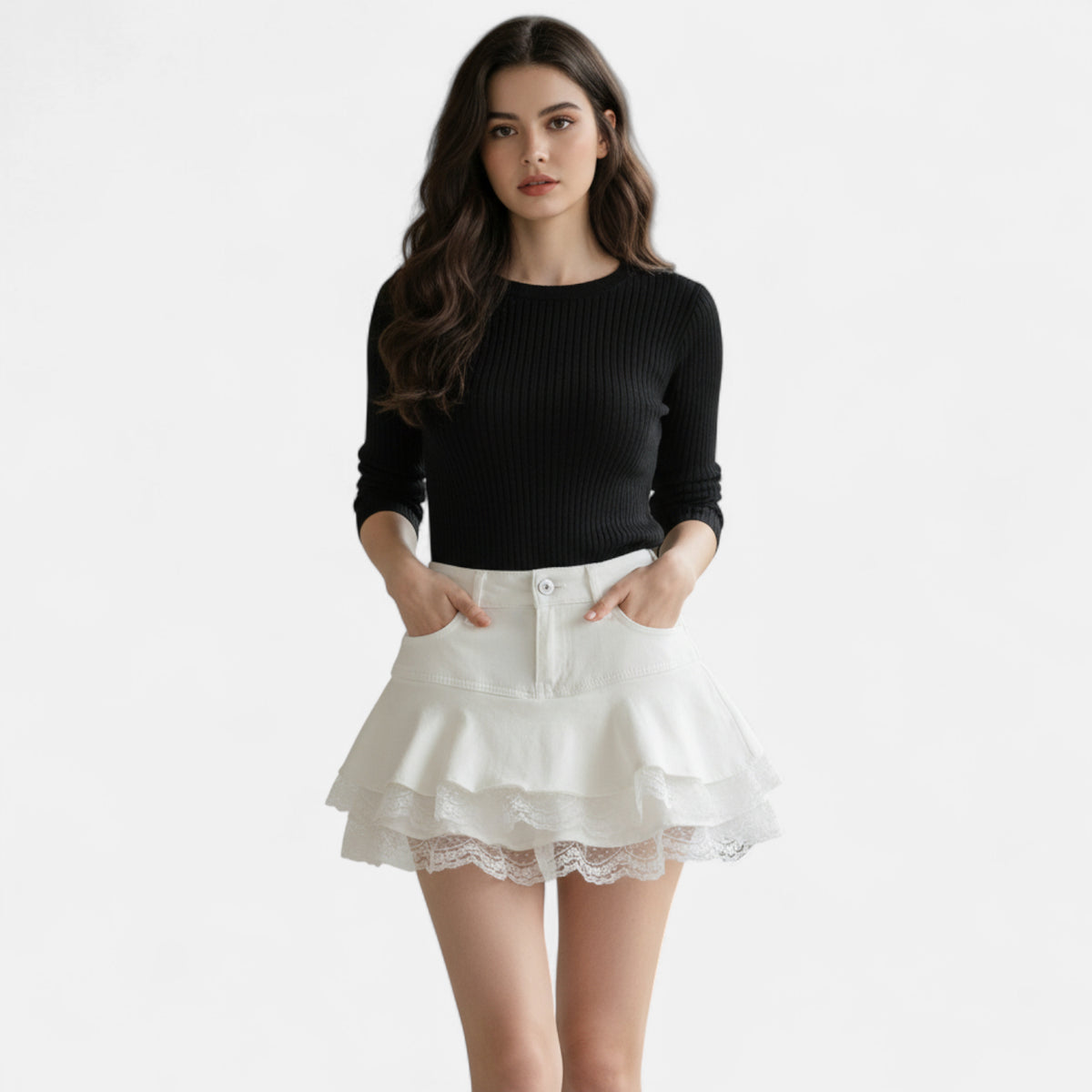 Mini jupe en jean blanche et dentelle