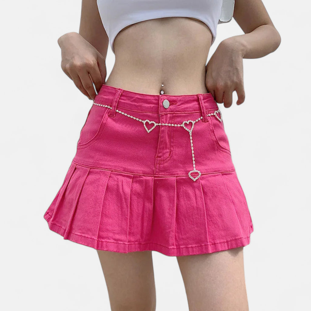 Mini jupe-short en jean plissée rose